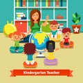 Kindergarten teacher teaching kids geography