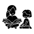 Kindergarten teacher, woman reading book to girl icon, vector illustration, sign on isolated background Royalty Free Stock Photo