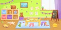 Kindergarten toy room. Kid classroom, cartoon nursery preschool daycare, play game child toys indoor playground interior Royalty Free Stock Photo