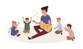 Kindergartener with kids group flat vector illustration. Nursery governess playing guitar. Music and singing lesson