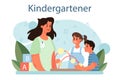 Kindergartener. Professional nany and children doing different activities.