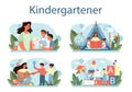 Kindergartener set. Professional nany and children doing different activities.