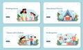 Kindergartener web banner or landing page set. Professional nany and children.