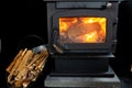 Kindling beside a wood stove