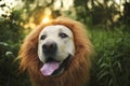 Kindly dog with fake mane at forest on sunny evening