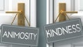 Kindness or animosity as a choice in life - pictured as words animosity, kindness on doors to show that animosity and kindness are