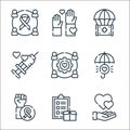 Kindness line icons. linear set. quality vector line set such as heart, donation, support, health insurance, work, injection,