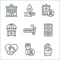 kindness line icons. linear set. quality vector line set such as give heart, support, give, smartphone, donate, humanitarian,