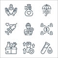 kindness line icons. linear set. quality vector line set such as test tube, give, food donation, crowdfunding, delivery courier,