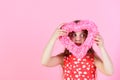 Kindness and tenderness Sweetheart child with long hair in red dress, copy space Royalty Free Stock Photo