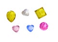 Kinds of shapes of jewelry stone on white isolated background in yellow,white ,pink and blue color