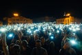 KINESHMA, RUSSIA - AUGUST 30, 2018: A crowd of people Shine with mobile phones at a live concert of rap artist Basta