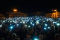 KINESHMA, RUSSIA - AUGUST 30, 2018: A crowd of people Shine with mobile phones at a live concert of rap artist Basta