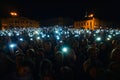 KINESHMA, RUSSIA - AUGUST 30, 2018: A crowd of people Shine with mobile phones at a live concert of rap artist Basta