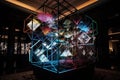 kinetic and interactive geometric art installation with light and sound effects