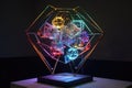 kinetic and interactive geometric art sculpture, with light and sound effects