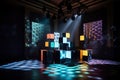 kinetic and interactive installation of geometric shapes, lights, and shadows