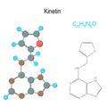 Kinetin. Chemical structural formula and model of hormone molecule. C10H9N5O