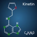 Kinetin N6-furfuryladenine molecule. It is plant hormone. Structural chemical formula on the dark blue background