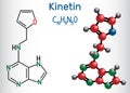 Kinetin N6-furfuryladenine molecule. It is plant hormone. Structural chemical formula and molecule model