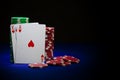 King and ace poker card on stack of poker chips Royalty Free Stock Photo