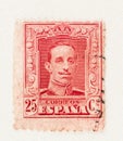 King Alfonso XIII Portrait on Red Stamp of Spain