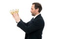 King attribute. Become next king. Monarchy family traditions. Man nature bearded guy in suit hold golden crown symbol of Royalty Free Stock Photo