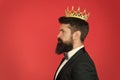 King attribute. Narcissistic king. Self confidence concept. Handsome hipster formal suit. Elite society. Feeling Royalty Free Stock Photo