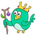 The king of birds is green wearing a golden crown, doodle icon image kawaii