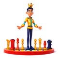 The king is on the board. Unusual 3D chess pieces on white background