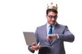 The king businessman holding a laptop isolated on white background Royalty Free Stock Photo