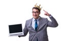 The king businessman holding a laptop isolated on white background Royalty Free Stock Photo