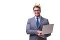 The king businessman holding a laptop isolated on white background Royalty Free Stock Photo