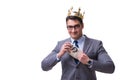The king businessman holding money bag isolated on white background Royalty Free Stock Photo