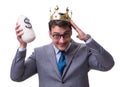 King businessman holding money bag isolated on white background Royalty Free Stock Photo