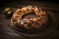 a king cake and a crown on a table, AI generated