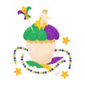King Cake. Festive sweet cupcake with colorful icing, baby Jesus toy and beads necklaces. Mardi Gras carnival. Vector Royalty Free Stock Photo