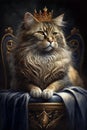 king cat in crown sits on the royal throne. Generative AI illustration Royalty Free Stock Photo