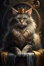 King cat in golden crown sits on royal throne. Generative AI illustration Royalty Free Stock Photo