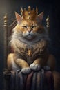 King cat in golden crown sits on royal throne. Generative AI illustration Royalty Free Stock Photo