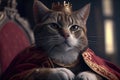 King of the cat in royal robe and crown on throne. AI generative illustration Royalty Free Stock Photo