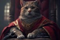 King of a cat in royal robe and crown on throne. AI generative illustration Royalty Free Stock Photo