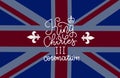 King Charles III Coronation banner. Linear hand drawn lettering text gainst the background of the British flag. Prince