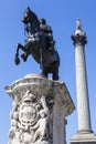 King Charles 1st Statue and Nelsons Column in Trafalgar Square Royalty Free Stock Photo