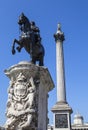 King Charles 1st Statue and Nelsons Column in Trafalgar Square Royalty Free Stock Photo