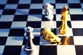 The king in chess game battle of chessboard surrender by knight and queen checkmate, business strategy concept, competitive advent