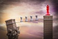 King of chess on a skyscraper demonstrating competitive advantage corporate concept. 3D illustration.