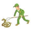 King cobra icon isometric vector. Young man in green uniform near big cobra icon