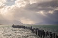 King Cormorant colony, Old Dock, Puerto Natales, Antarctic Patagonia, Chile. Sunset Royalty Free Stock Photo