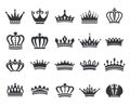 King crowns icon silhouette, queen tiara, royal crown logo. Power dynasty royalty emblem, vintage heraldic black symbols